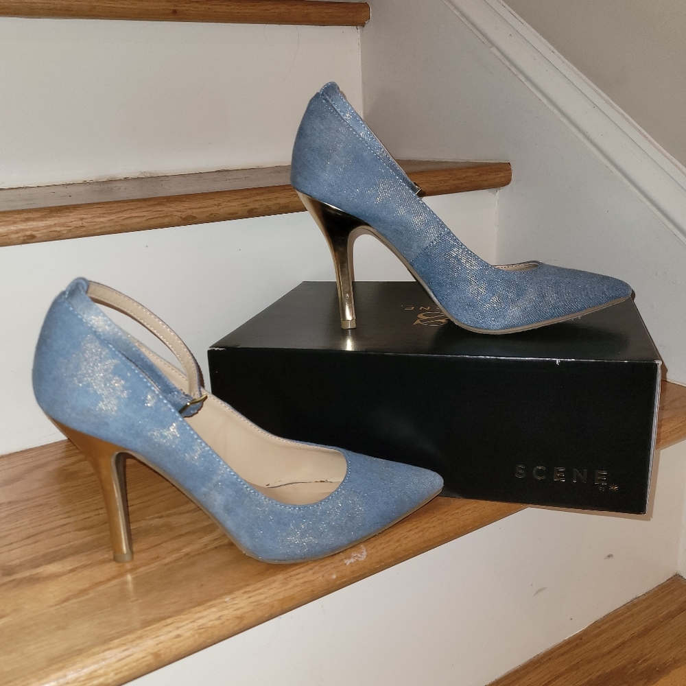 Scene Weaver Light Denim Heels with Gold Heels & Gold Shimmer over Denim